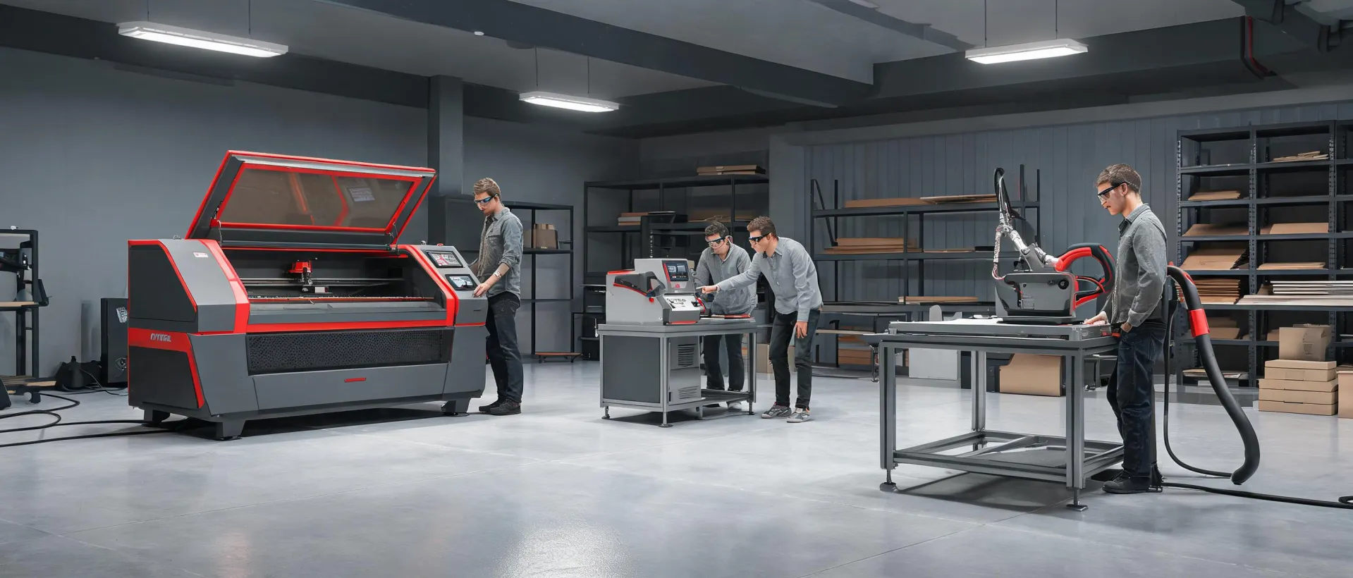 OMTech laser workshop with CO2 and fiber machines