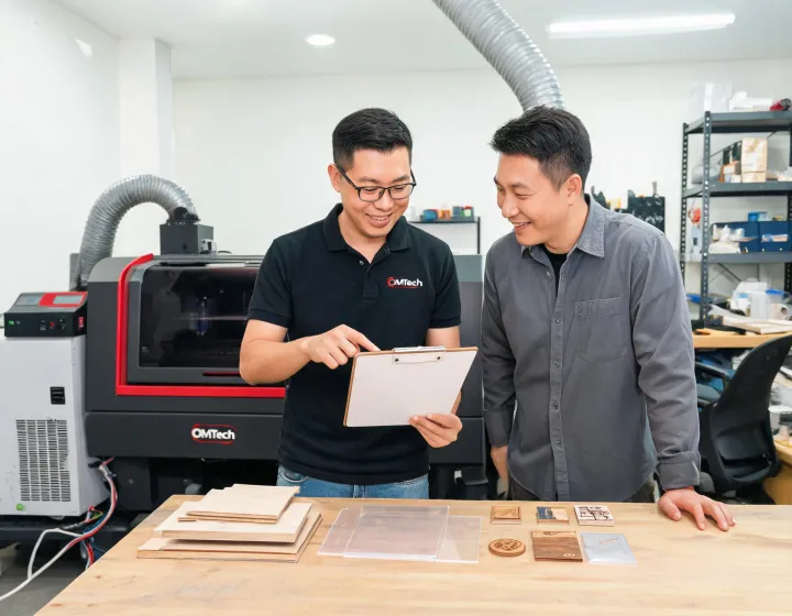 Advisor reviewing laser setup with a shop owner